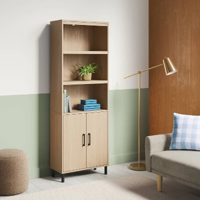 Mixed Material Library Bookcase With Doors Natural Wood - Room Essentials™ 1 Mixed Material Library Bookcase With Doors Natural Wood - Room Essentials™