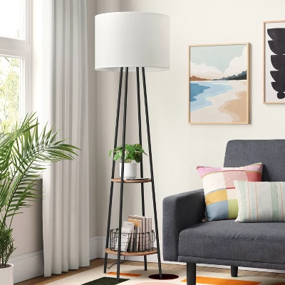 Floor Lamp With Shelves - Room Essentials™: Black Metal, Linen Shade, ETL Listed, 62" Height 2 Floor Lamp With Shelves - Room Essentials™: Black Metal, Linen Shade, ETL Listed, 62" Height - Image 2