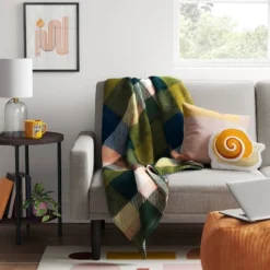 Printed Plaid Plush Throw Blanket Green Multi - Room Essentials™: Lightweight Knitted Fleece, 50x60, Machine Washable