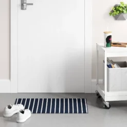 1'6"x2'6" Nautical Striped Micro Poly Loop Floormat White/Navy Blue - Room Essentials™: Indoor Kitchen & Bathroom Mat
